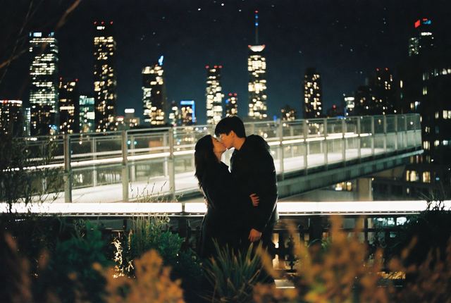 10:45 PM • The High Line, Chelsea — Skyline Kiss: A couple shares a quiet romantic kiss on the illuminated High Line with the Manhattan skyline twinkling behind them.